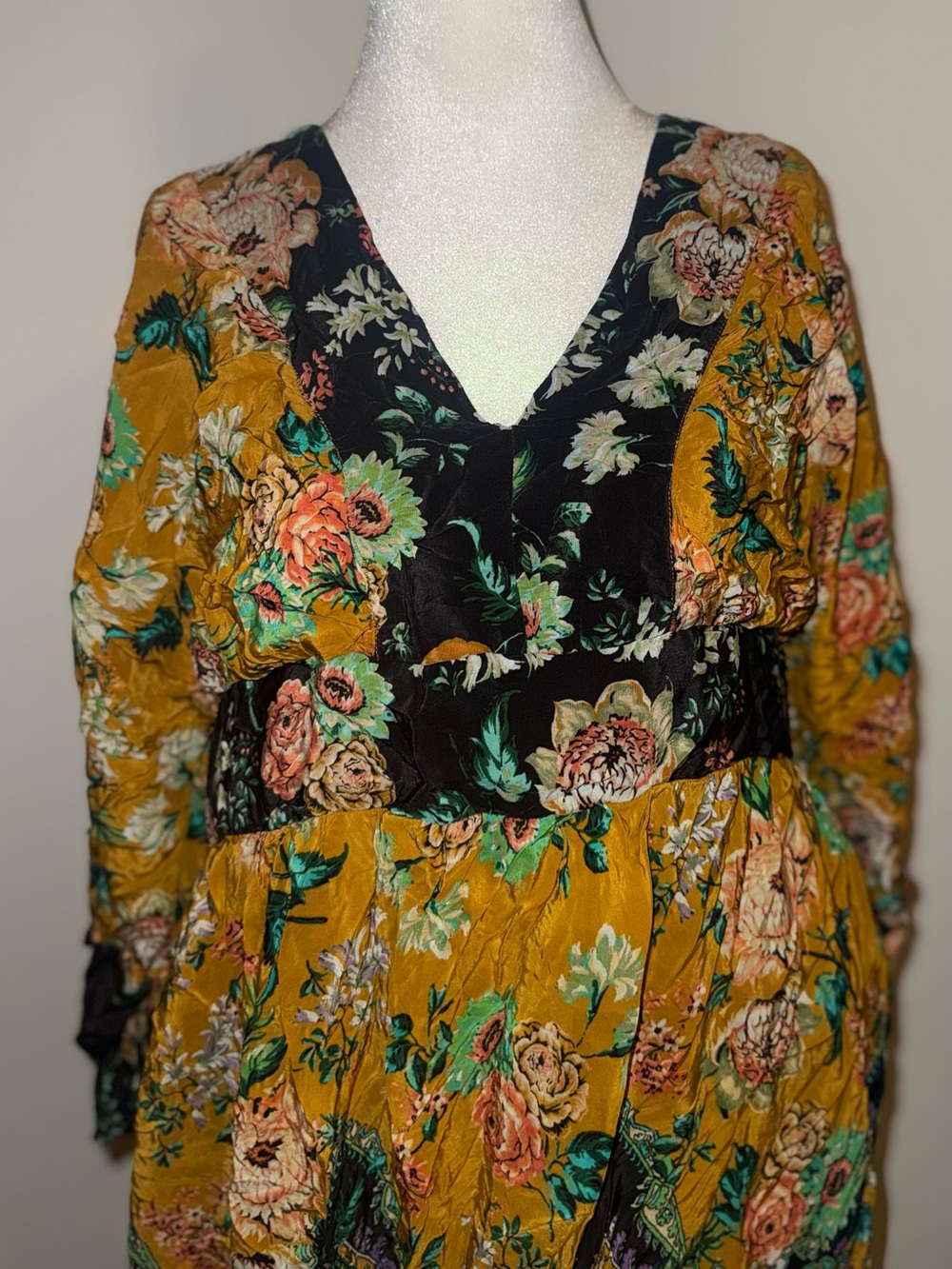 Anthropologie Mustard and Green Floral V-Neck Maxi Dress - Picture 7 of 13